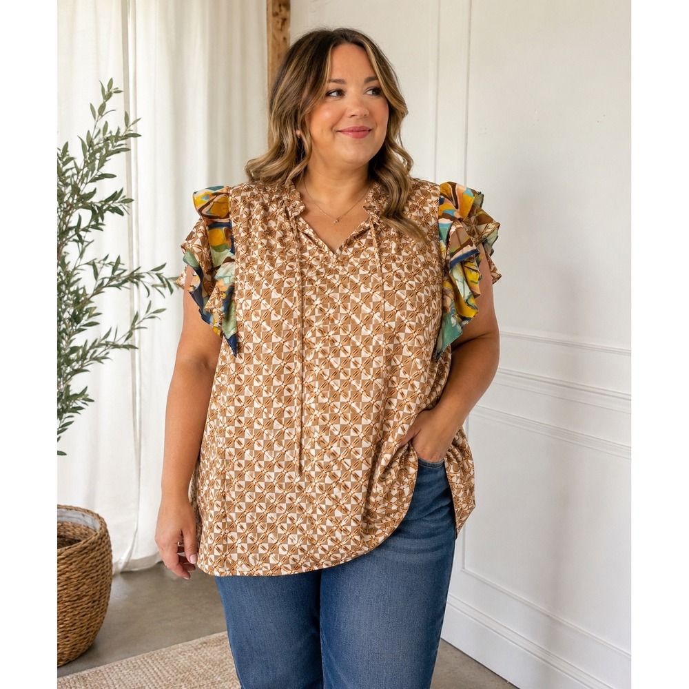 Entro Geometric Ruffle Sleeve Blouse Size XL Brown Multicolor NWT